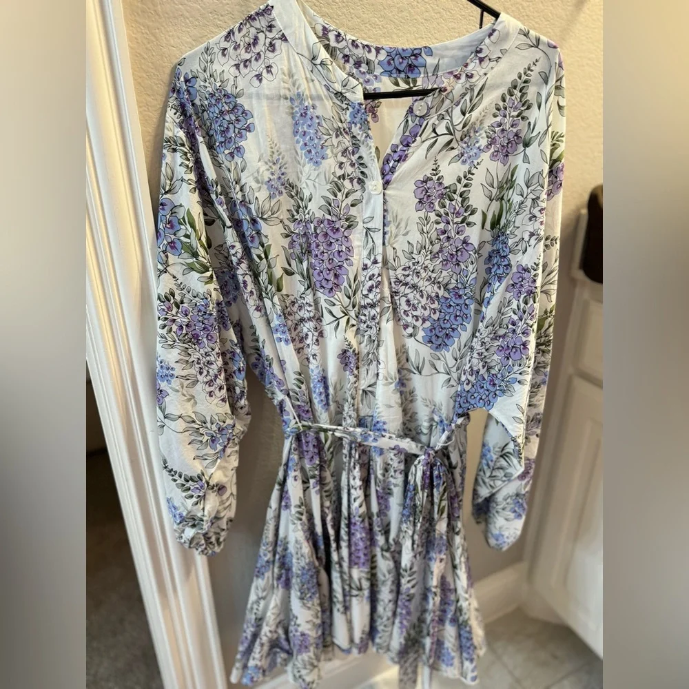 Floral Tie-Waist Mini Dress - Lavender/White - Picture 4 of 4